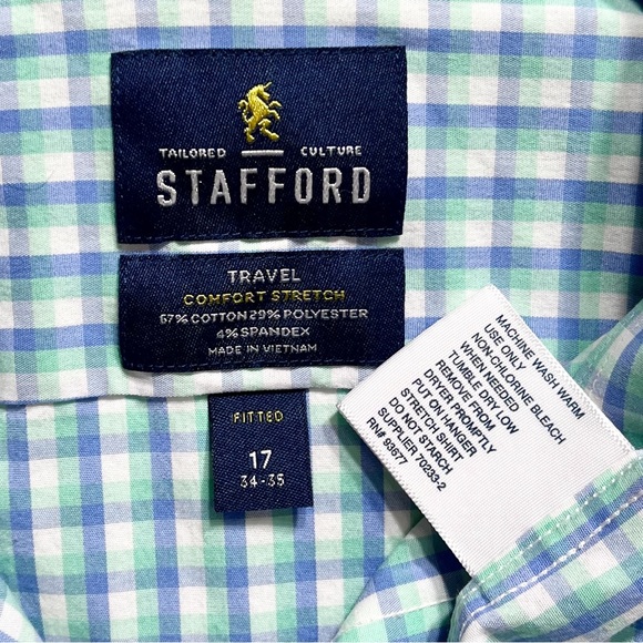Stafford Mens Aqua Blue White Gingham Plaid Long Sleeve No Iron Buttondown Shirt - Picture 5 of 7